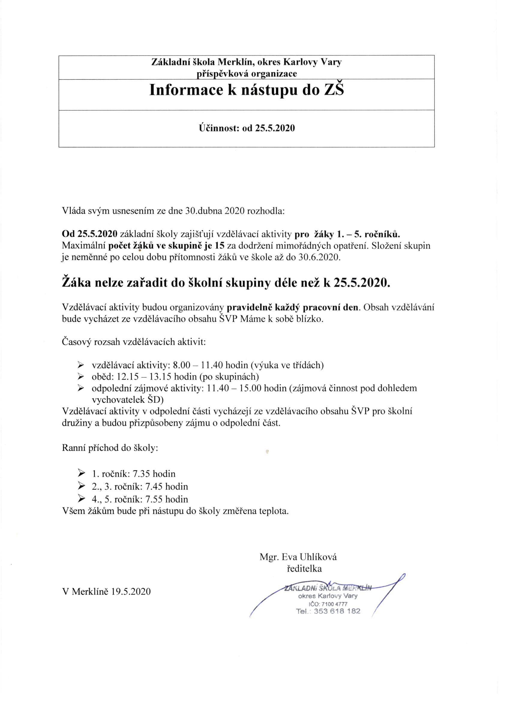 Nástup do školy - informace