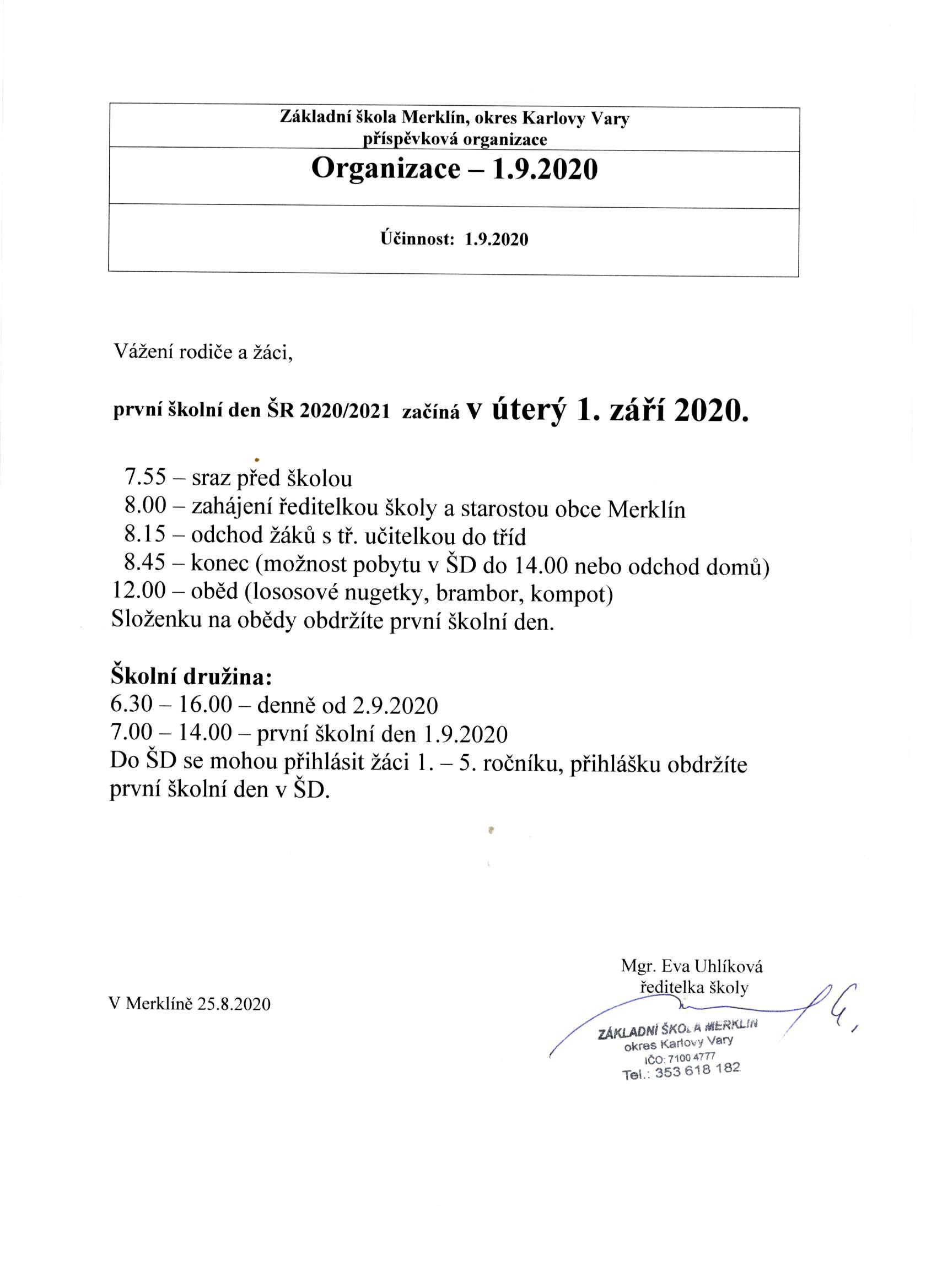 První školní den 2020