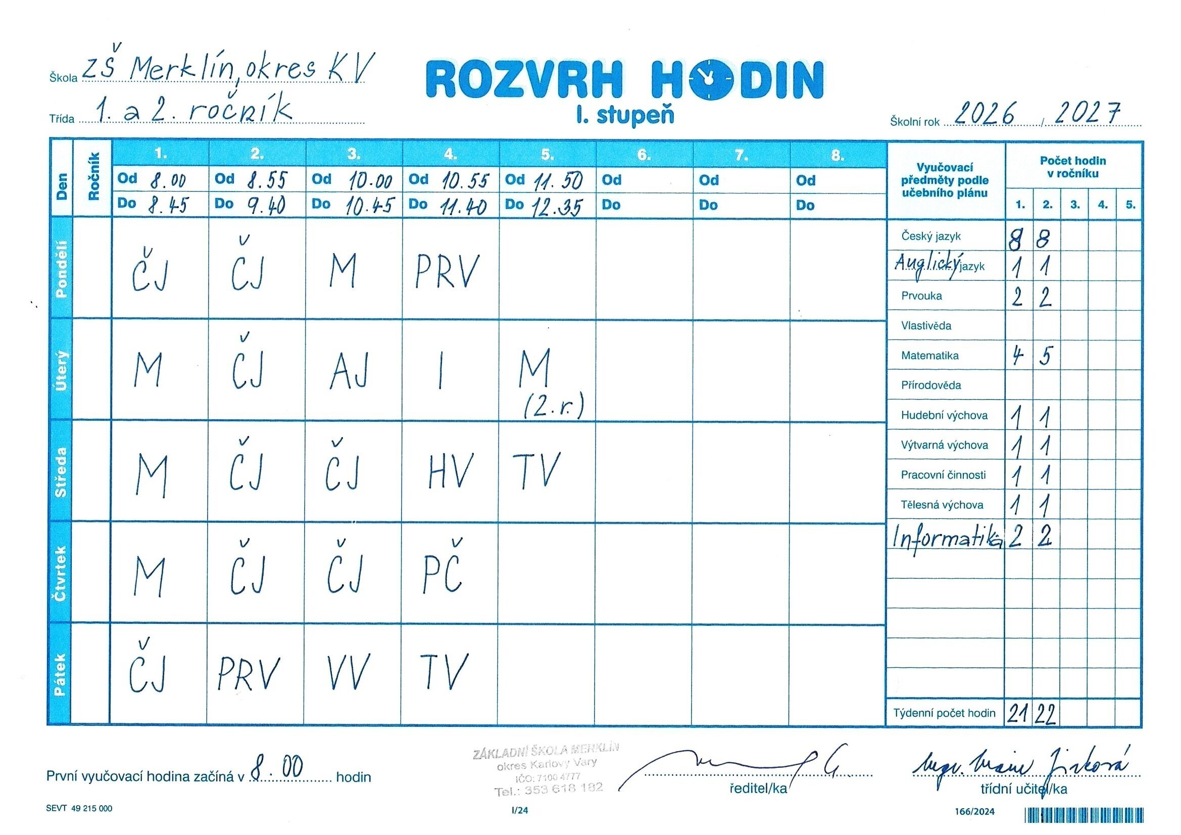 Rozvrh hodin 2026,27