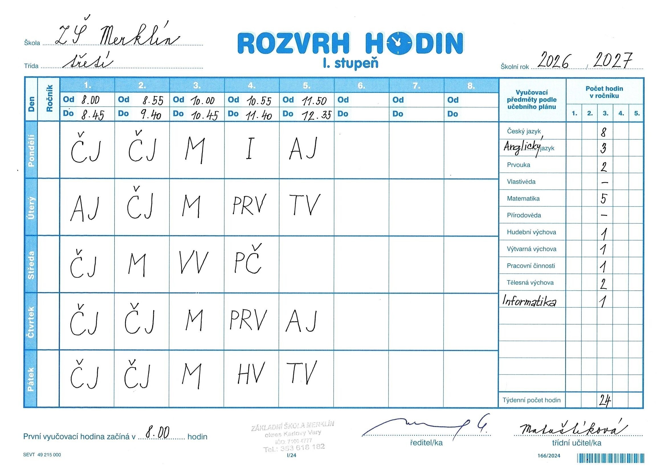 Rozvrh hodin 2026,27
