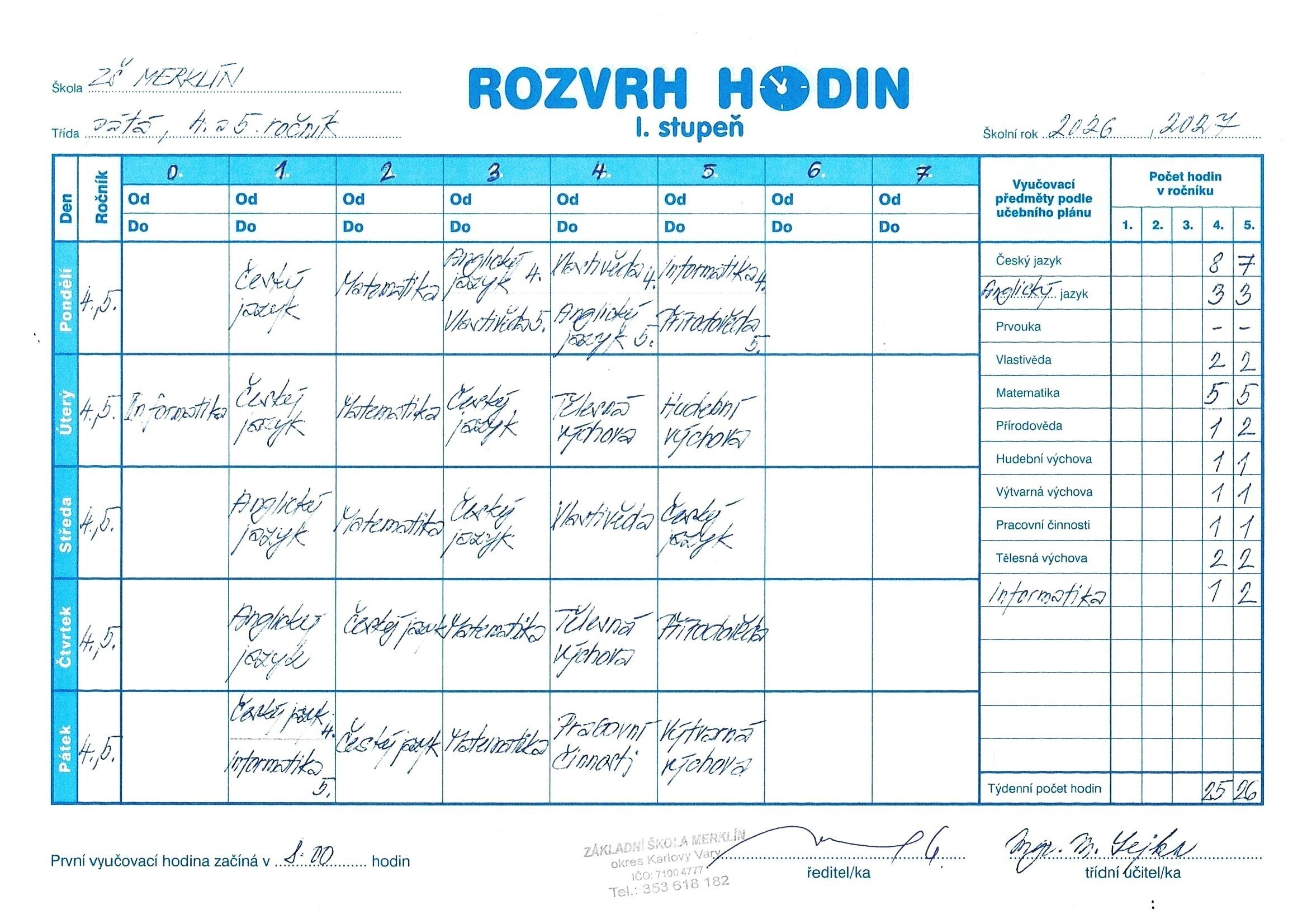 Rozvrh hodin 2026,27